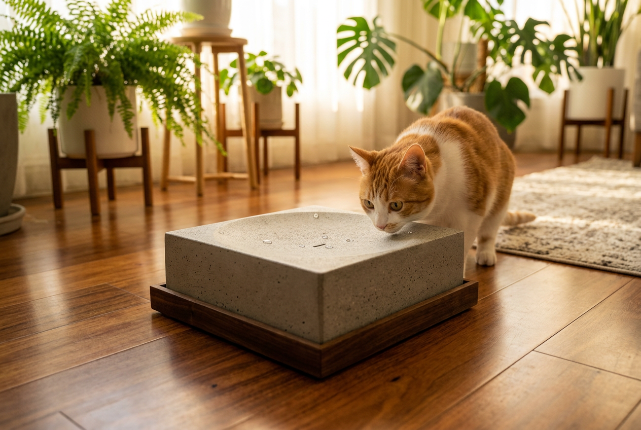 Cat exploring the DripChase fountain at home